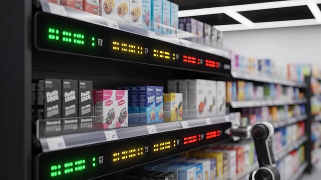 Smart Shelf Edge Display in Retail Store - A modern retail store shelf features electronic shelf labels displaying prices and product information with bright LED displays.