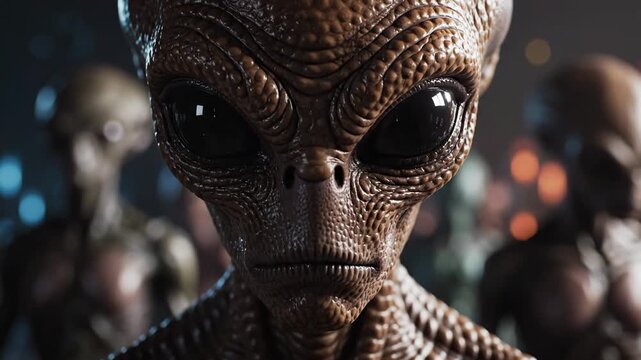 An intriguing close-up captures the textured, brown skin and large, reflective black eyes of an alien being. In the blurred background, other mysterious extraterrestrial figures are subtly visible