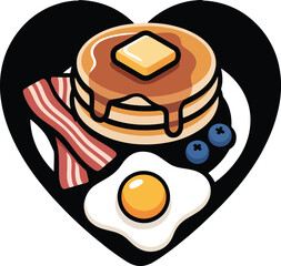 A charming heart shaped illustration of a classic breakfast with pancakes bacon and eggs
