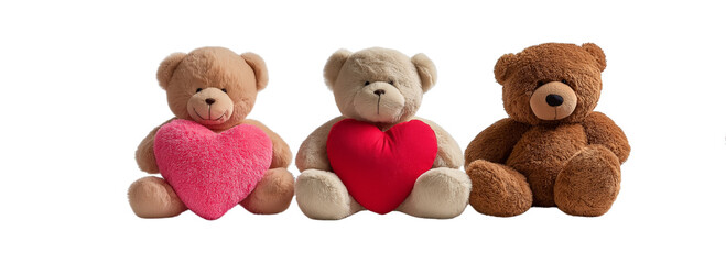 Three teddy bears holding hearts isolated on a transparent background