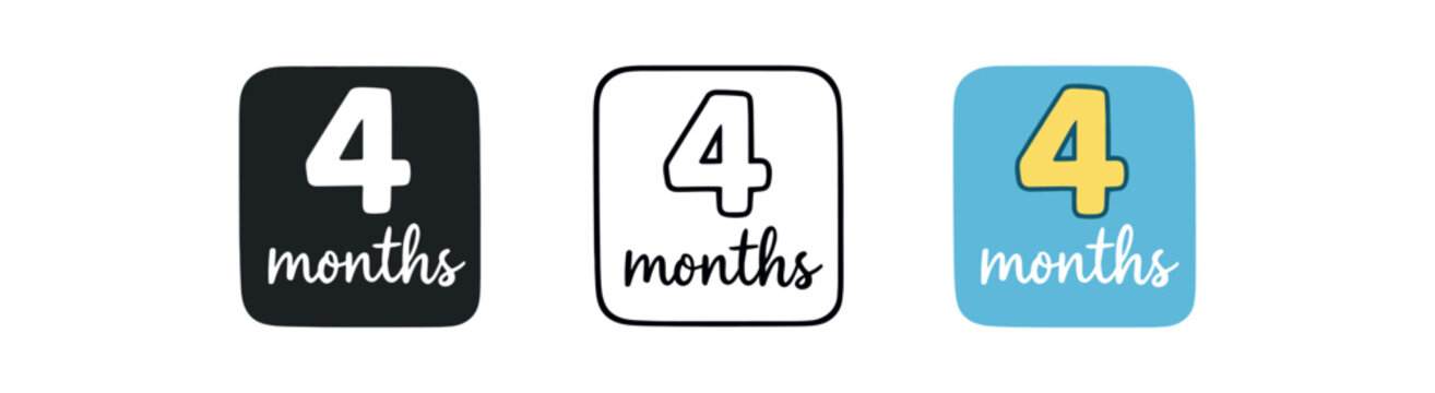 baby month 4 card icon on light background. cute rectangular card with large number 4 and handwritten word months. infant age card design. rounded friendly shape