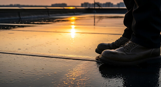 Roofer's boots on wet flat roof reflecting golden sunset, professional roof inspection
