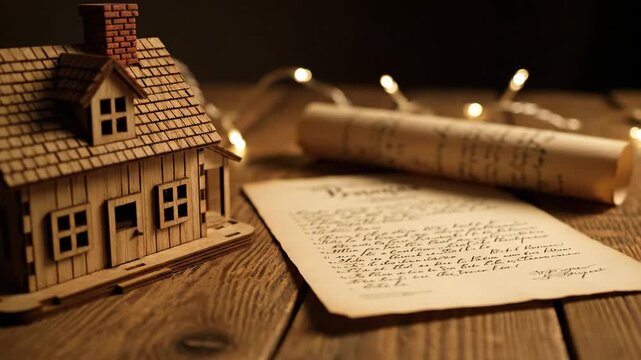 Miniature House Model and Probate Document - A charming miniature wooden house model sits beside an antique probate document on a rustic wooden table, softly illuminated by fairy lights.