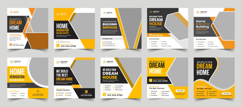 Construction and handyman social media post banner design bundle. A set of 10 creative construction services, plumber service, home repair, renovation, and handyman businesses. clean layouts