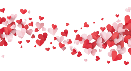 Red and pink paper hearts scattered across isolated on a transparent background