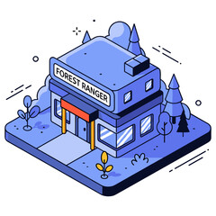 Fototapeta premium Isometric forest ranger station in stylized blue scenery. No editable stroke