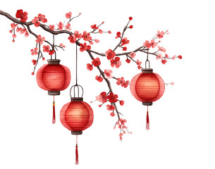 Red Chinese Lanterns Hanging on Cherry Blossom Branch isolated on a transparent background