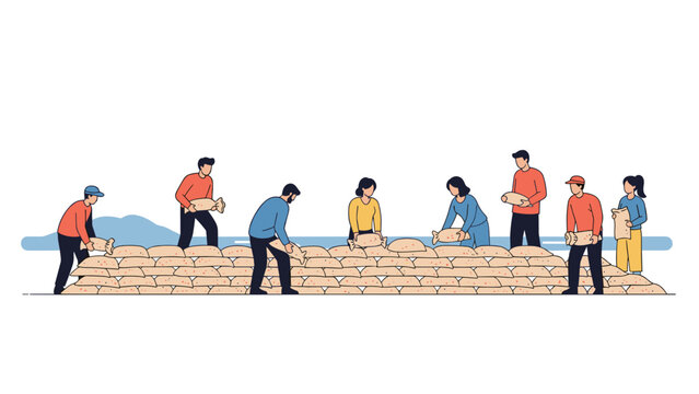 Diverse group of individuals collaboratively constructing a long sandbag barrier, demonstrating powerful teamwork and community effort for flood protection near a horizon.
