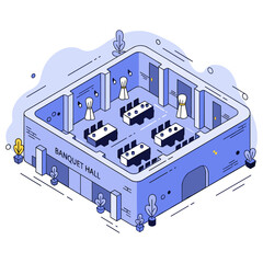 Fototapeta premium Isometric illustration of a modern banquet hall interior with tables and chairs. No editable stroke