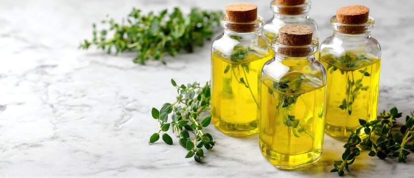Two bottles of essential oil with thyme are placed on a white marble surface. The setting is well lit with room for text