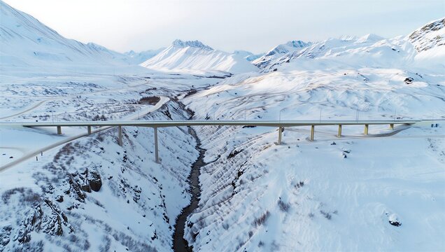 A bridge crosses over a river surrounded by snow-covered mountains. The landscape shows a wide valley with hills and peaks in the background during winter. - Powered by Adobe