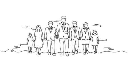 Naklejka premium Diverse group of professionals in suits holding hands illustrative drawing. No editable strokes