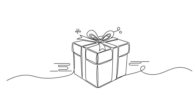 Continuous line drawing of a wrapped gift box with bow, minimalist art. No editable strokes