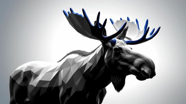 Geometric Moose with Blue Accents - A striking geometric illustration of a moose, featuring sharp angular designs and shades of gray and black.
