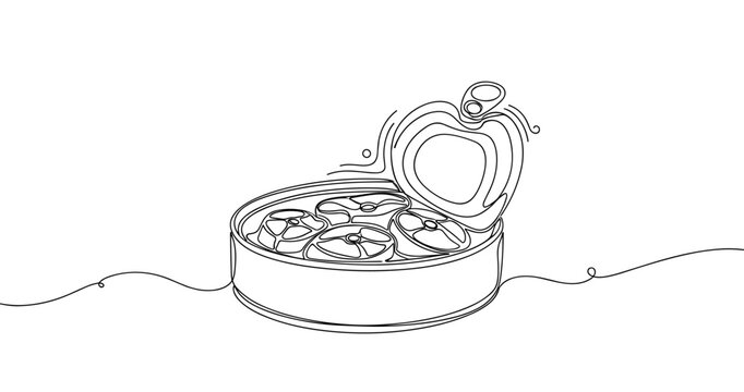 Continuous line drawing of an open can of tuna with fish. No editable strokes