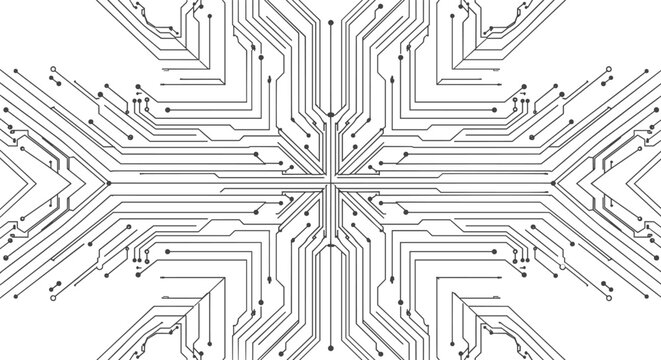 Abstract circuit board pattern illustration with symmetrical electronic lines and connections for technology background, digital network concept, data systems, and futuristic design projects