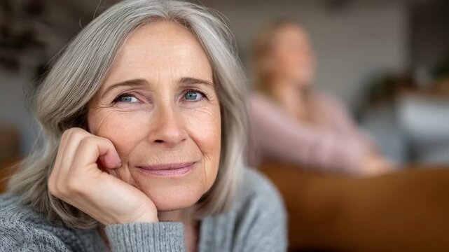 Elderly woman resting comfortably as caregiver offers respite care and emotional support in a sunny home setting.