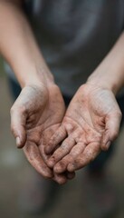 Fototapeta premium Emotional Human Connection in Close-Up of Dirty Hands Outdoor Setting Capturing Vulnerability and Authenticity