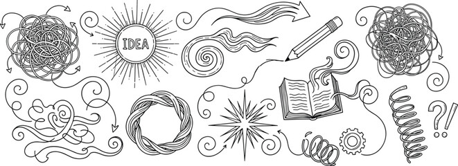 Hand drawn creative doodles set with idea symbols arrows swirls sketches and brainstorming elements for inspiration thinking process design and concept illustration © Vectorial Arts