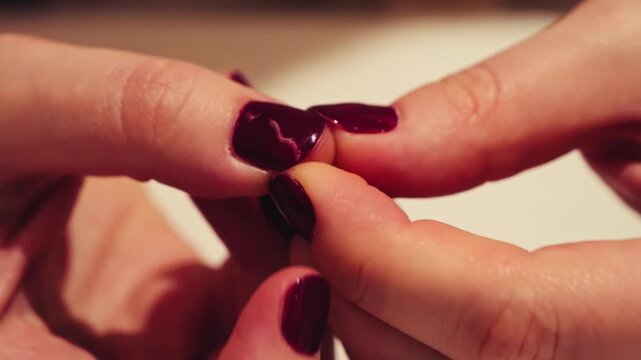 Close up footage of nervous hands fidgeting and picking at nail polish is a common behavior often linked to stress, anxiety, boredom. High quality 4k footage