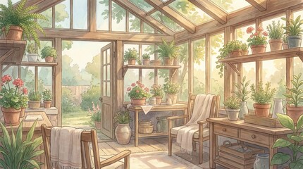 Fototapeta premium Cozy anime pastel watercolor greenhouse scene nature bright environment