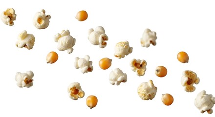 Obraz premium Scattered popcorn kernels and fluffy popped corn pieces floating against a white background