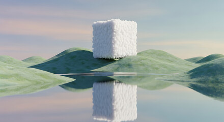 3d render of surreal panoramic background. Abstract minimal wallpaper of fantastic landscape with fluffy cube, hills and reflection in the water.
