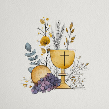 Minimalist children&rsquo;s First Communion doodle with chalice, Eucharist, host, grapes and wheat on white background