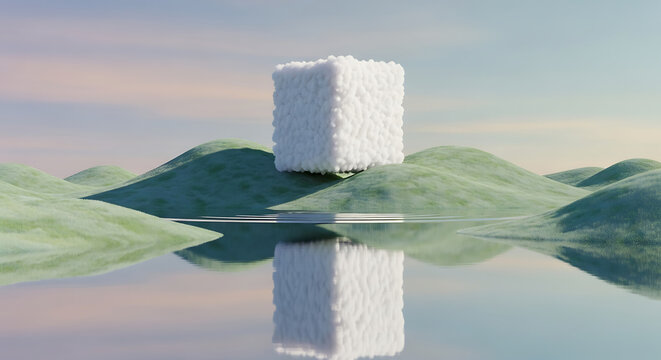 3d render of surreal panoramic background. Abstract minimal wallpaper of fantastic landscape with fluffy cube, hills and reflection in the water.
