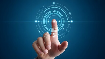 A human finger making contact with an advanced circular user interface, innovation concept