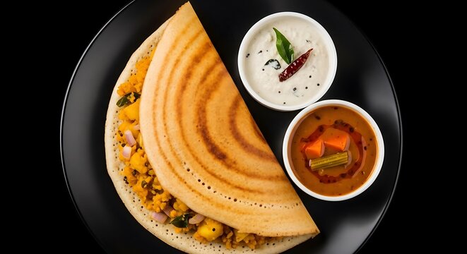 Masala Dosa served with Sambar and Coconut Chutney on a black plate
