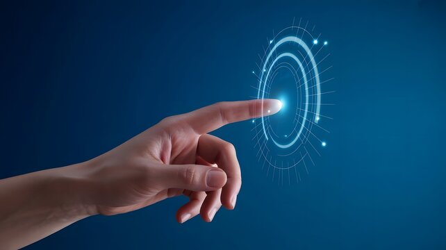 Human finger activating a futuristic glowing digital interface button on a blue background - Powered by Adobe