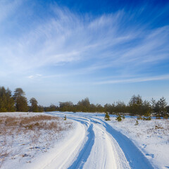 Obraz premium snowbound rural road among winter forest