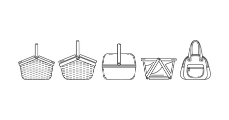 Fototapeta premium Set of picnic baskets and handbag line art illustrations