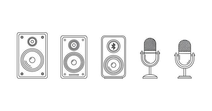 Line art of speakers and microphones featuring bluetooth technology