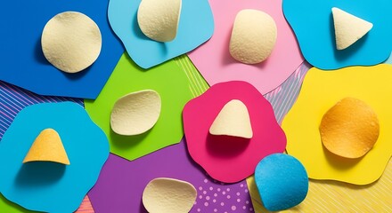 Assortment of potato chips scattered on colorful abstract shapes and backgrounds