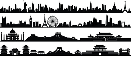 World landmarks skyline silhouette set featuring global cities monuments and famous architecture isolated on white background black vector illustration