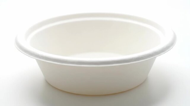 White Paper Bowl Mockup - A close-up shot of a white paper bowl, designed for food or takeout, sits on a bright white surface. The bowl is eco-friendly and a disposable tableware option.