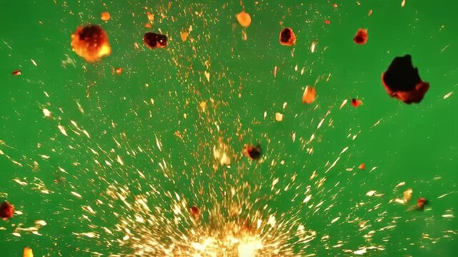 A video of a large explosion with fire and debris flying everywhere