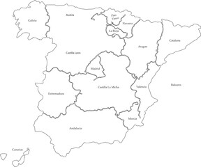 Fototapeta premium Detailed Outline Map of Spain with Administrative Borders and Internal Regions