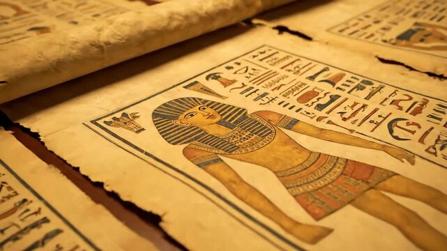 Ancient Egyptian Papyrus Scrolls Collection - A collection of old papyrus scrolls made by Egyptians featuring ancient writing and artwork on traditional Egyptian paper.