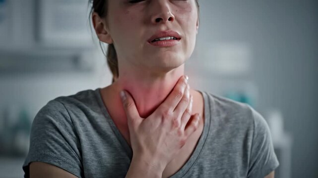 Woman suffering from painful throat - A woman experiences pain in her throat and touches her neck where a red highlighted area indicates inflammation.