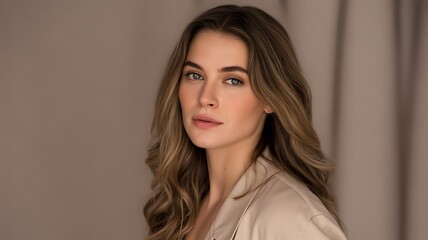 Naklejka premium Close-up portrait of a woman with a confident expression, neutral background, soft professional studio lighting, Vogue editorial style, sharp 8k details.