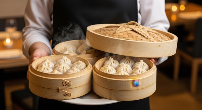 Chef carrying steam baskets of dumplings