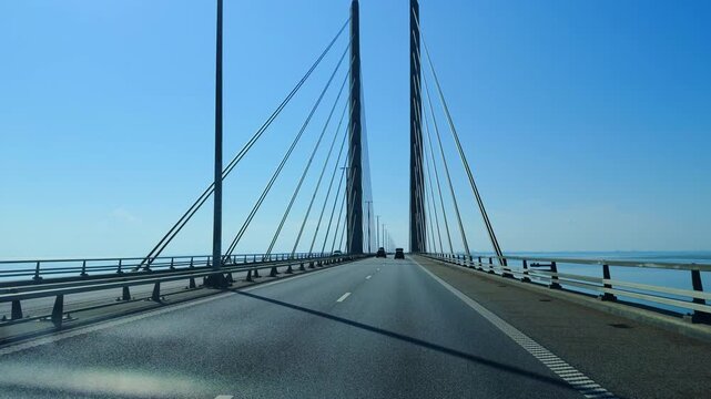 Oresund Bridge road view connecting Denmark and Sweden