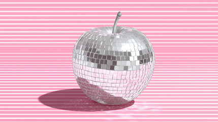 pink disco ball, an apple shaped disco ball against a pink striped background, cute and fun background