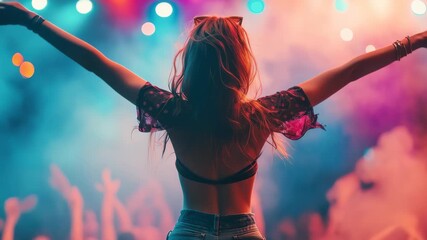Young caucasian woman enjoying vibrant concert atmosphere while dancing freely under colorful stage lights during a lively music event