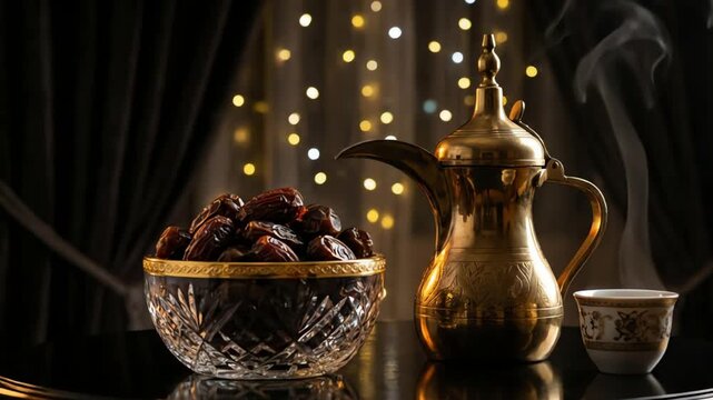 Dates and traditional arabic coffee pot set against a festive backdrop of bokeh lights