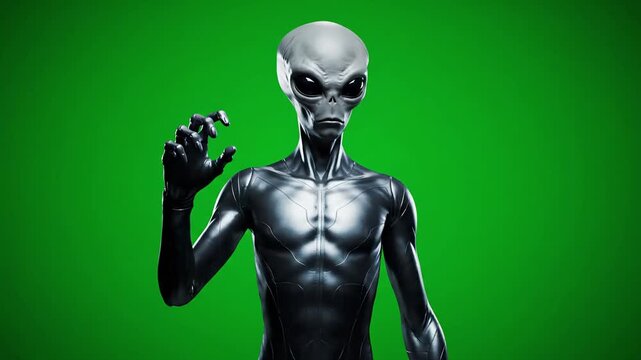 Realistic 3d render of a classic grey alien creature with large black eyes and a metallic black body against a green screen background for easy keying and compositing