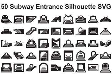 Collection of 50 subway entrance silhouettes isolated on white background